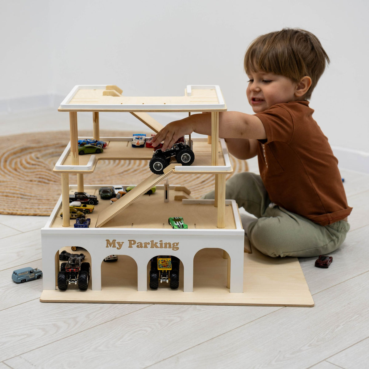 Wooden Toy Parking Garage with Elevator