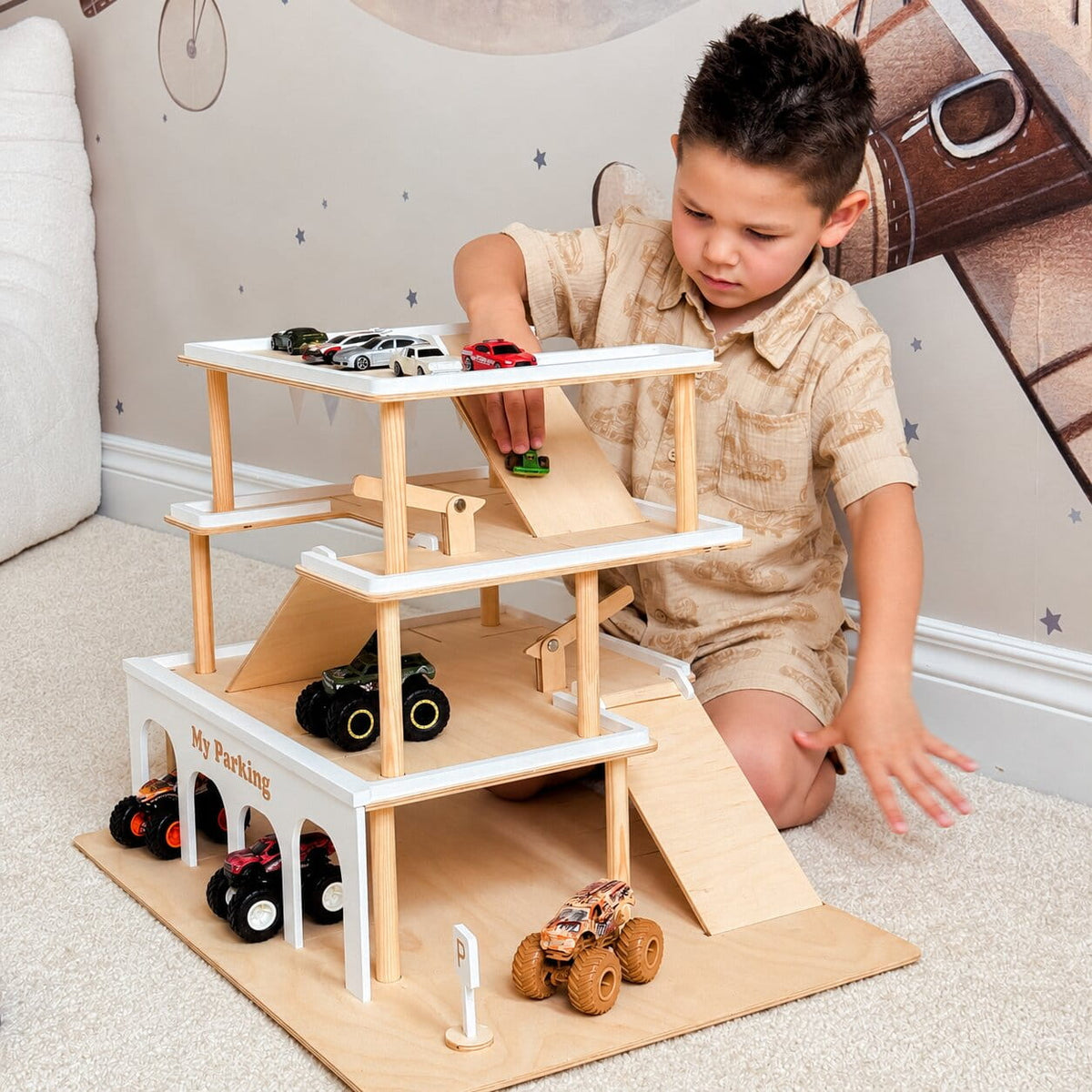 Wooden Toy Parking Garage with Elevator
