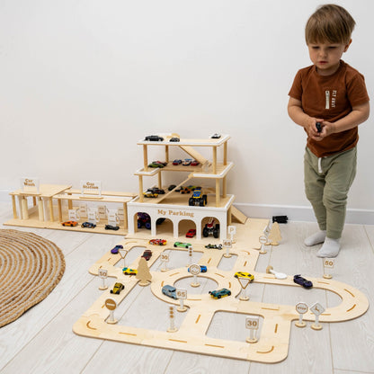 Wooden Toy Parking Garage with Elevator