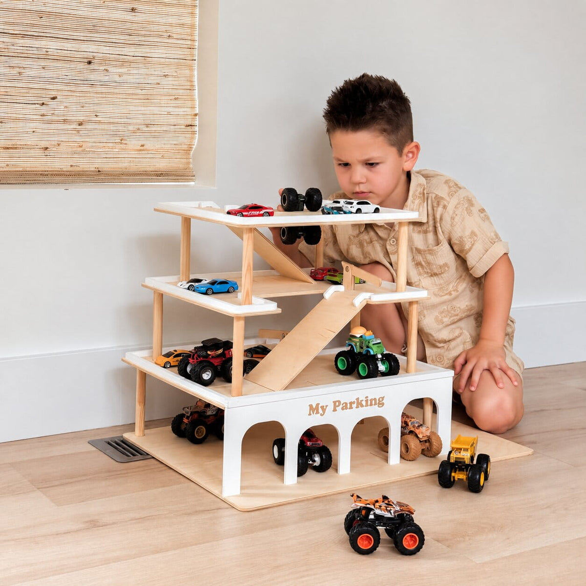 Wooden Toy Parking Garage with Elevator