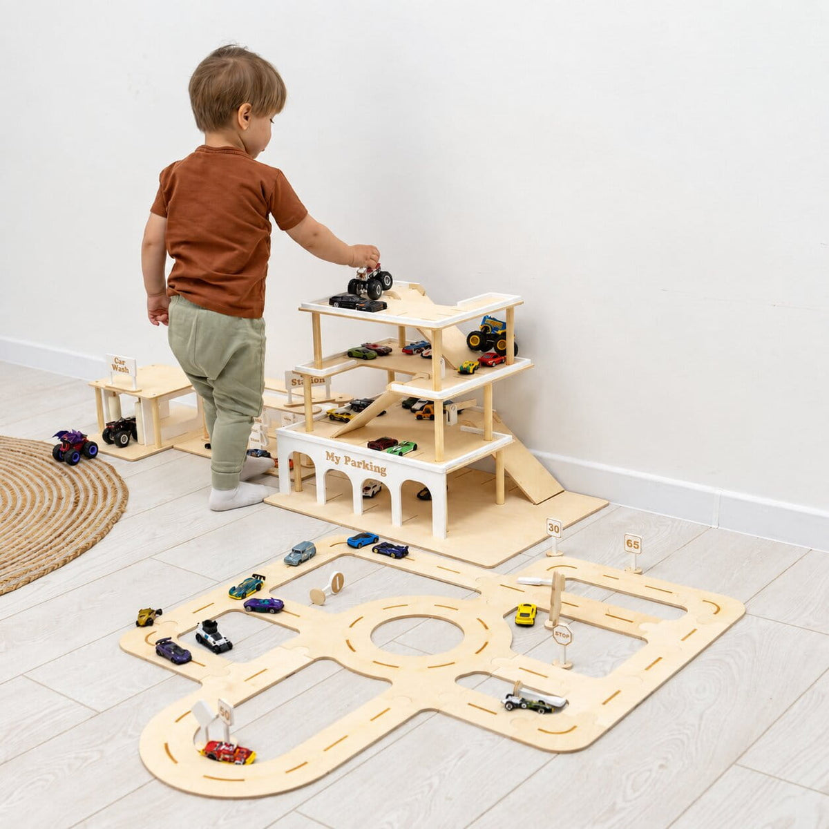Wooden Toy Parking Garage with Elevator