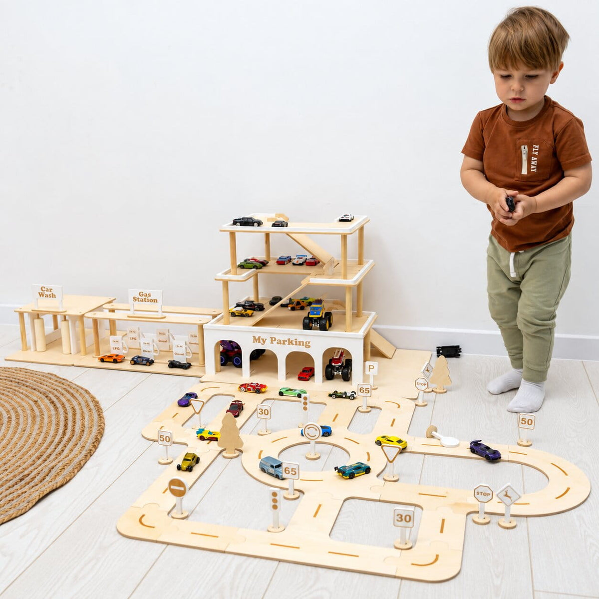 Wooden Toy Parking Garage with Elevator