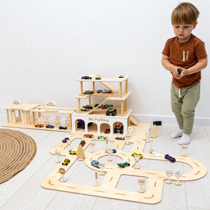 Wooden Toy Parking Garage with Elevator