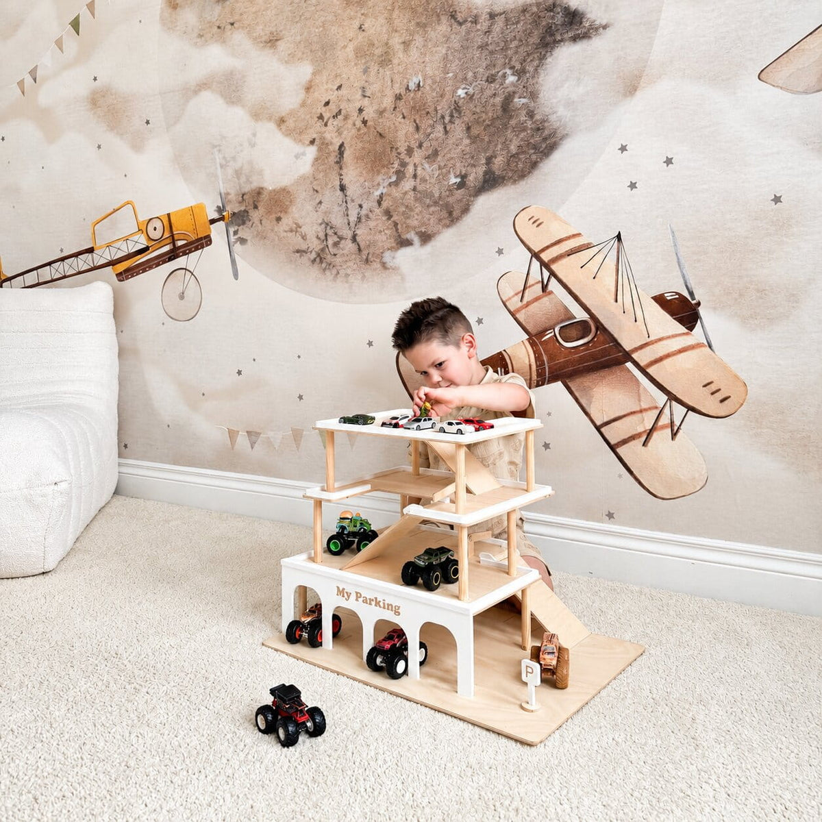 Wooden Toy Parking Garage with Elevator