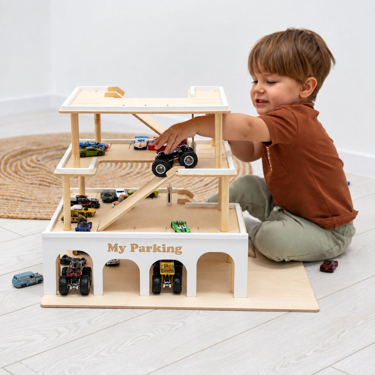 Wooden Toy Parking Garage with Elevator