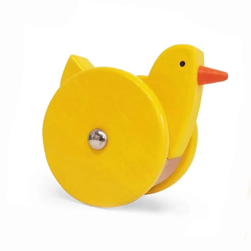 A yellow wooden chicken toy with a large circular wheel and an orange beak, shown on a plain white background.