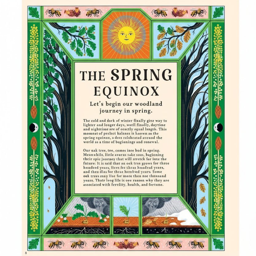 Illustrated pages about the Spring Equinox with decorative borders and text.