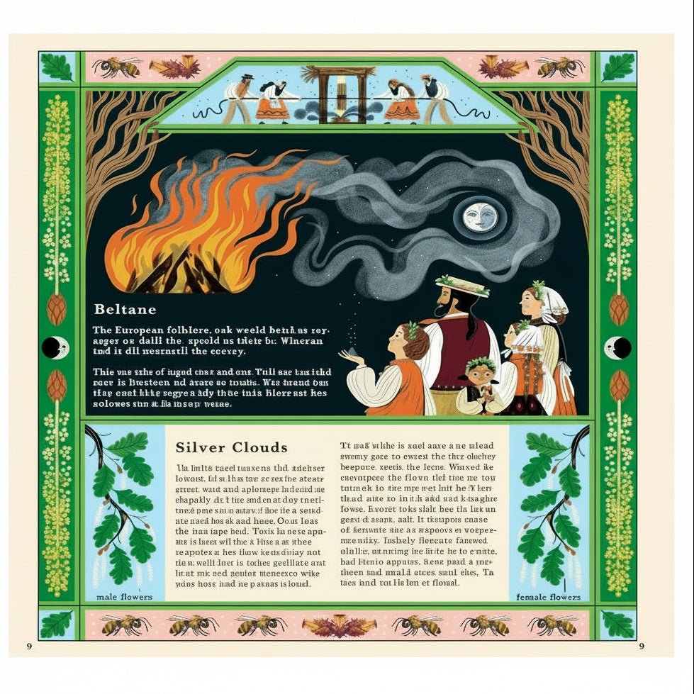 Illustrated pages about the Spring Equinox with decorative borders and text.