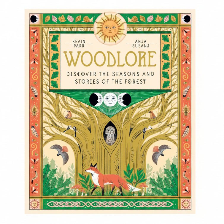 Book cover of 'Woodlore' with forest-themed illustrations and a fox.