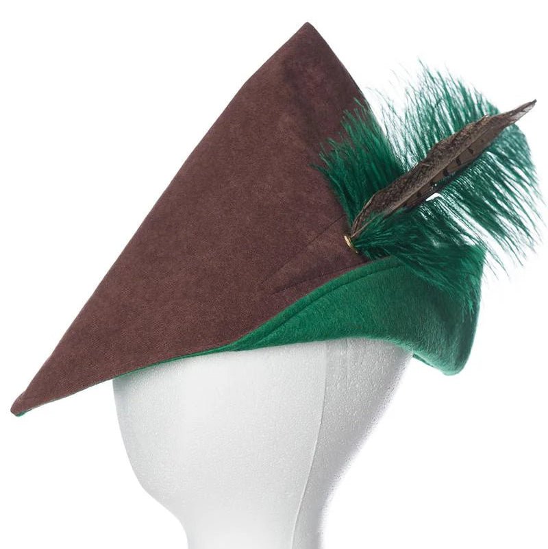 Brown and green pointed hat with feather on a white mannequin head against a white background