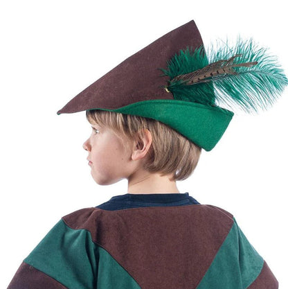 Child wearing a green and brown Robin Hood costume with a hat on a white background