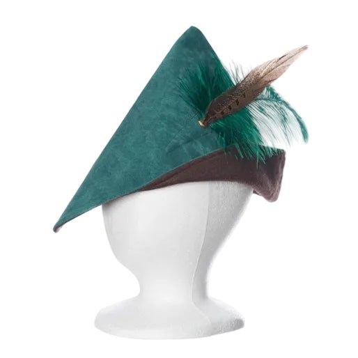 Green pointed hat with brown band and feather on a white mannequin head against a white background