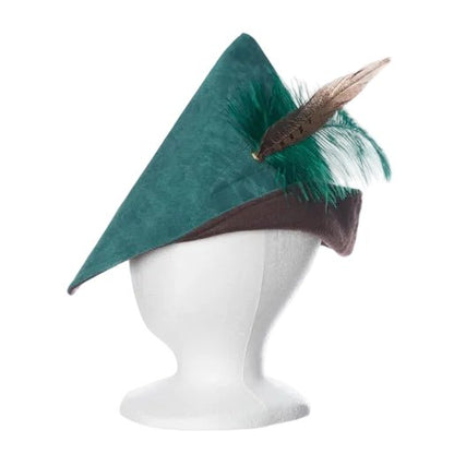 Green pointed hat with brown band and feather on a white mannequin head against a white background