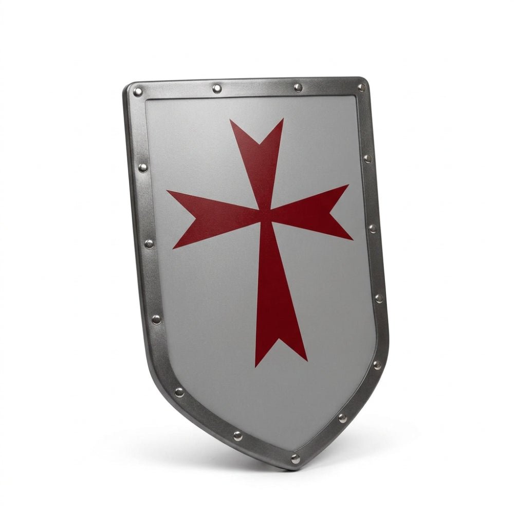Silver wooden shield with red cross and gray trim on a white background