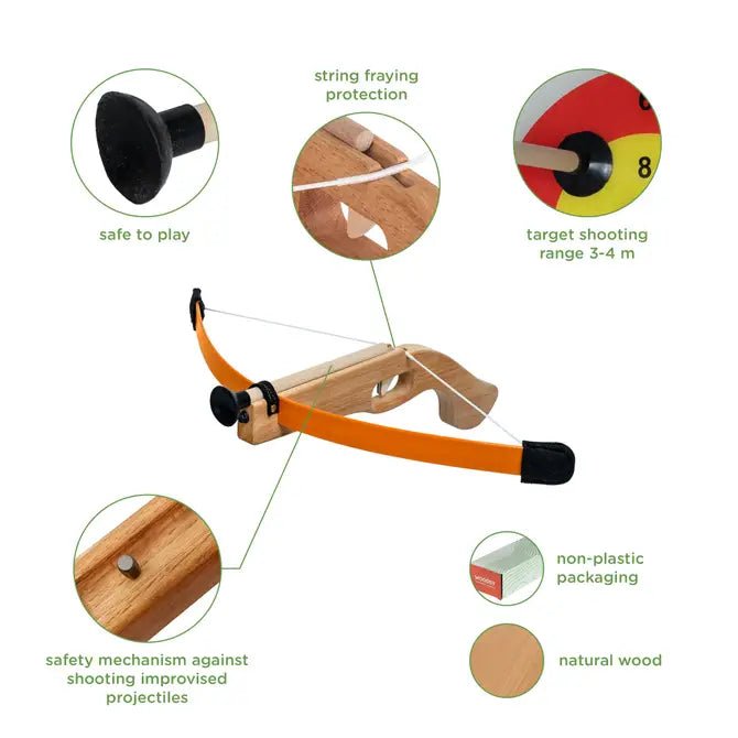 Woodsy Children's Handbow with 3 Bolts, Quiver and Target - wood, natural, felt Toy Weapons for open-ended play - Title: D...