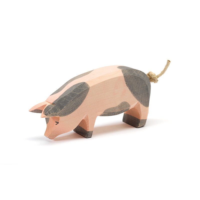 Ostheimer Wooden Spotted Pig, head low - wood, natural Wooden Figures for open-ended play - Title: Default Title
