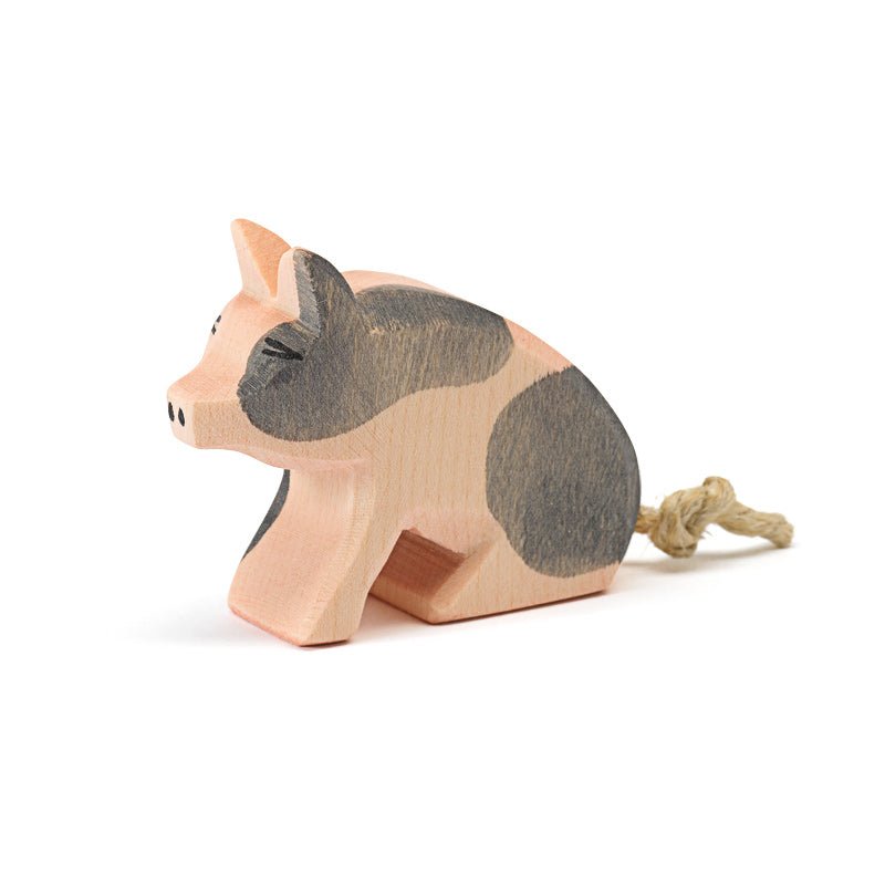 Spotted Pig, sitting - wood, natural Wooden Figures for open-ended play - Title: Default Title