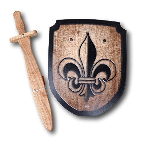 Wooden Sword and Fleur de Lis Shield Set - wood, leather Pretend Play for open-ended play - Title: Default Title