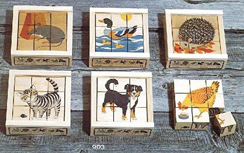 Atelier Fischer Wooden Block Cube Puzzle in Wooden Case - Domestic Animals (9 Pieces) - wood Puzzles for open-ended play -...