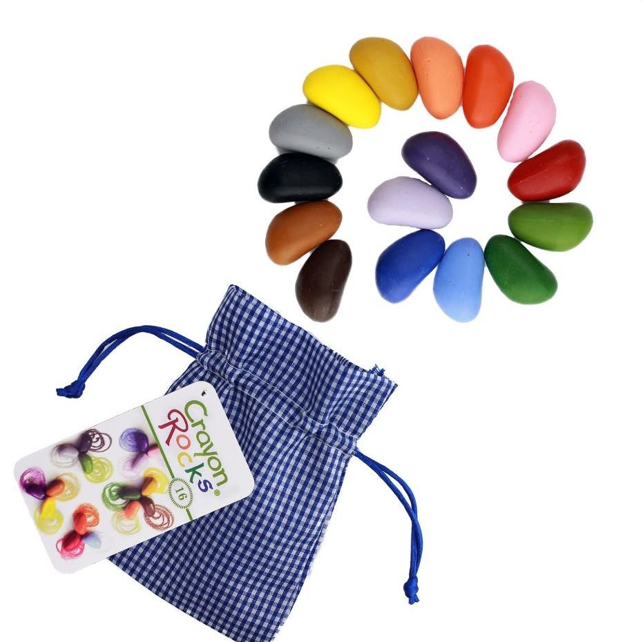 blueottertoys Crayon Rocks 16 Color in Festive Blue Gingham Bag - blueottertoys-CR16GB