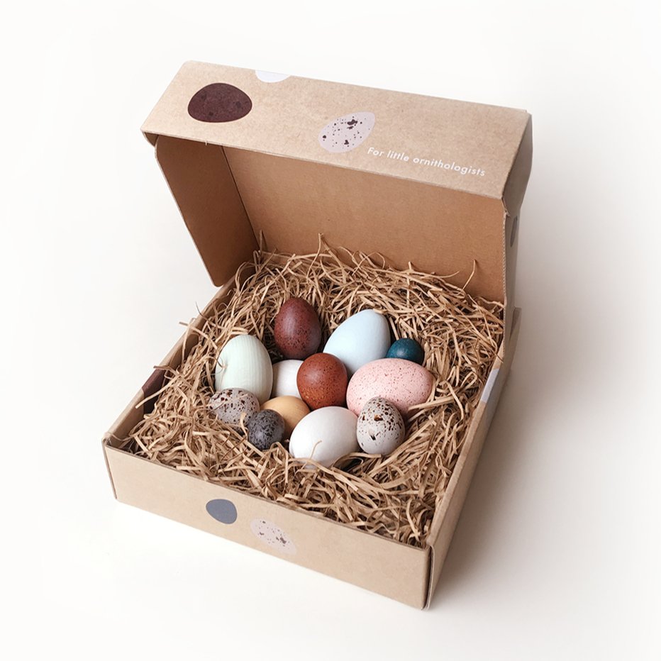 A Dozen Wooden Bird Eggs in a Box - wood Play Food for open-ended play - Title: Default Title
