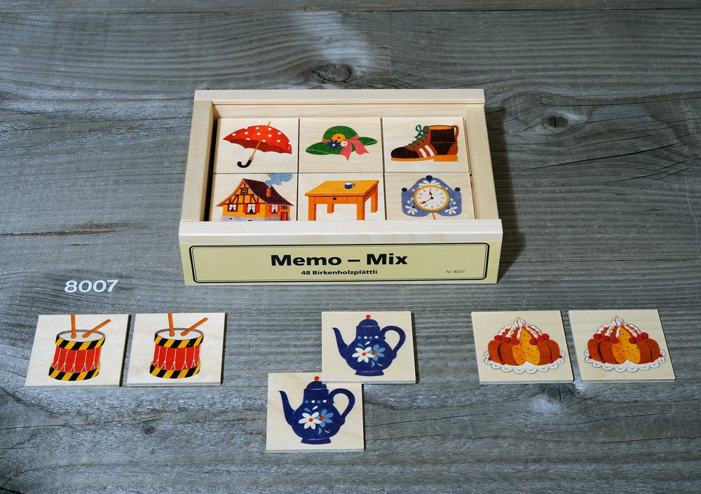 Atelier Fischer Memo Mix Game in Wooden Box (24 Tiles / 4 Wooden Playing Boards) - wood Games for open-ended play - Title:...