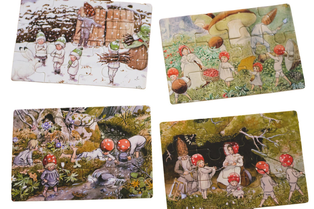 Elsa Beskow Elsa Beskow "Tomtebobarnen" Children of the Forest Jigsaw Puzzle Set in Wooden Box (4 puzzles - 12 pieces each) - blueottertoys-HM3258