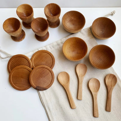 Montessori Waldorf Wooden Dish Set - wood, natural, beeswax Play Kitchen for open-ended play - Title: Default Title