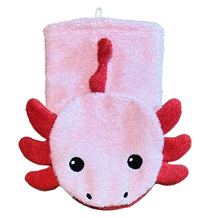 Organic Cotton Oxolotl Washcloth Pupppet - cotton Bath Toys for open-ended play - Size: Child Size