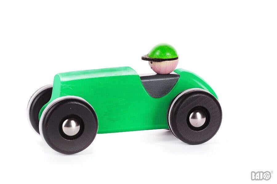 Left Right Turning Retro Race Car by Bajo, Green - wood, rubber Vehicles for open-ended play - Title: Default Title